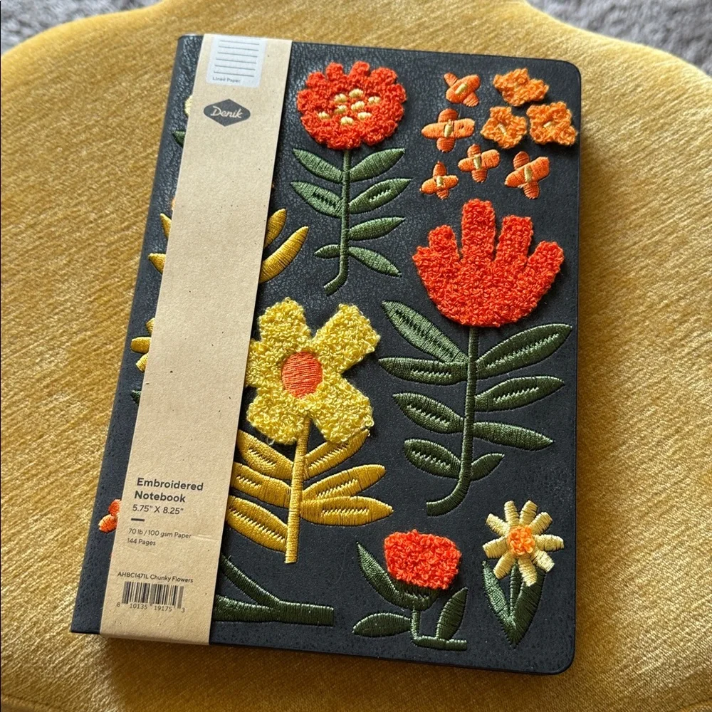 Embroidered Floral Notebook - Black with Orange & Yellow Flowers